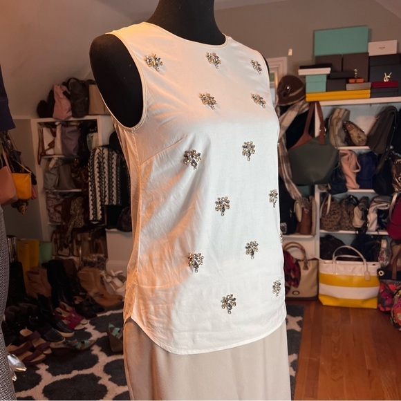 J Crew White w/ Beige Piping Jeweled Front Sleeveless Blouse Sz 0 - Picture 5 of 9